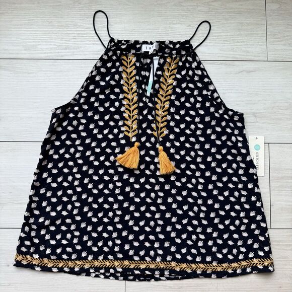THML Navy Blue Women’s Small Silvano Embroidered Yellow Boho Tank Top Tassels - Picture 1 of 9